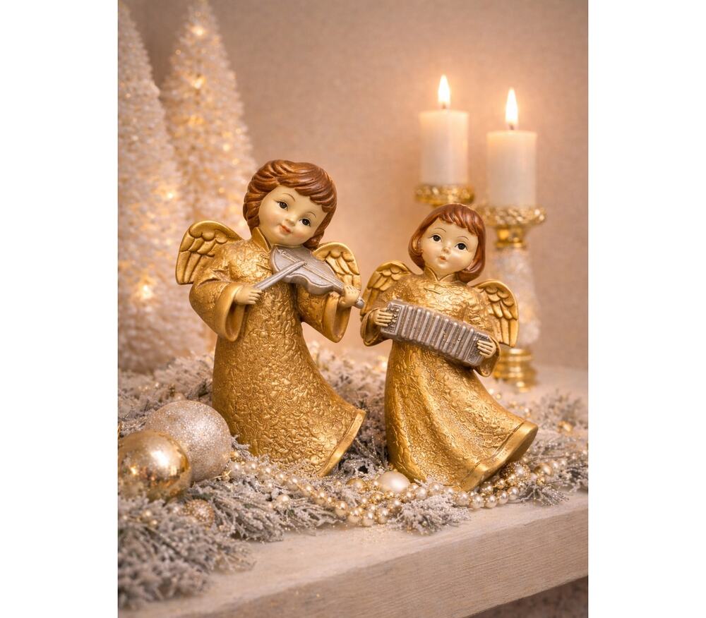 Vintage 50s 60s Choir Gold Angels Figurines Ceramic Christmas Decor - Set Of 2